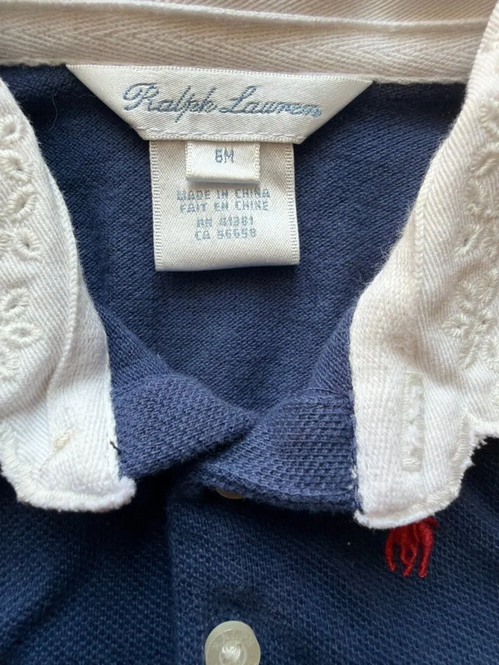 Ralph Lauren Baby Girls Navy Polo Dress Eyelet Collar 6M Ruffle Hem